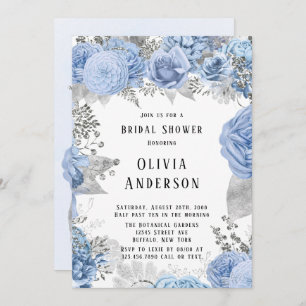 Invitación Dusty Blue and Silver Floral Bridal Shower Invitat