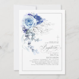 Invitación Dusty Blue and Silver Floral Elegant Baptism