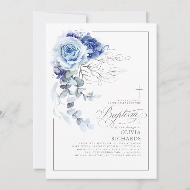 Invitación Dusty Blue and Silver Floral Elegant Baptism (Anverso)