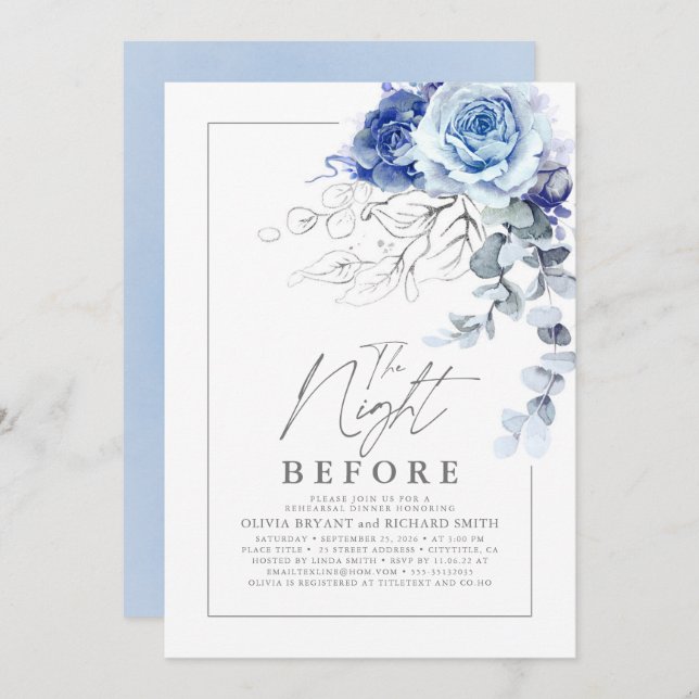 Invitación Dusty Blue and Silver Floral Rehearsal Dinner (Anverso / Reverso)
