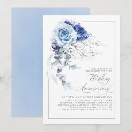Invitación Dusty Blue and Silver Floral Wedding Anniversary