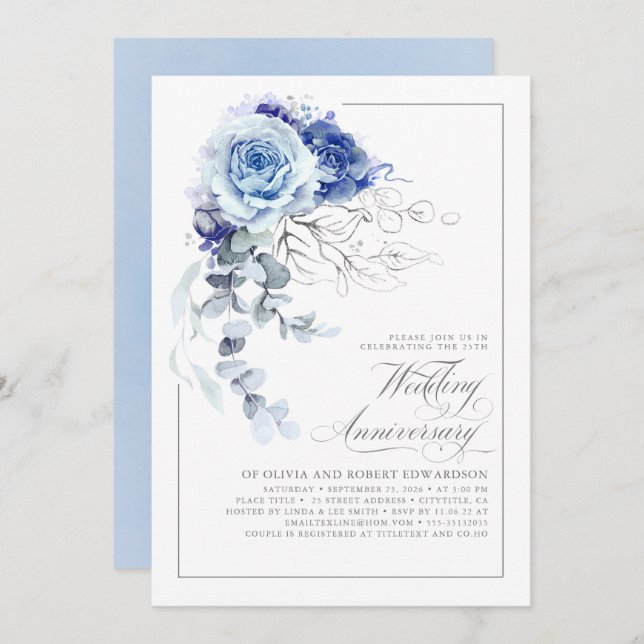 Invitación Dusty Blue and Silver Floral Wedding Anniversary (Anverso / Reverso)