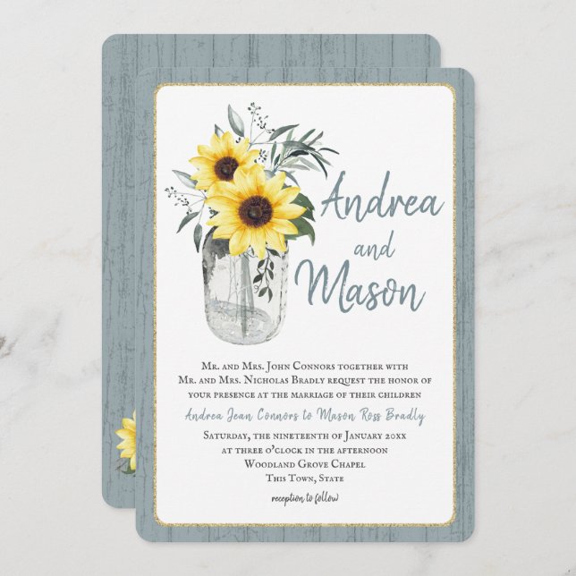 Invitación Dusty Blue and Sunflower Jar Rustic Boda (Anverso / Reverso)