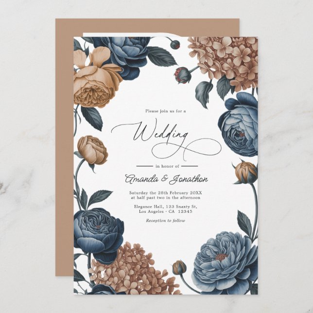 Invitación Dusty Blue and Taupe Watercolor Floral Wedding (Anverso / Reverso)