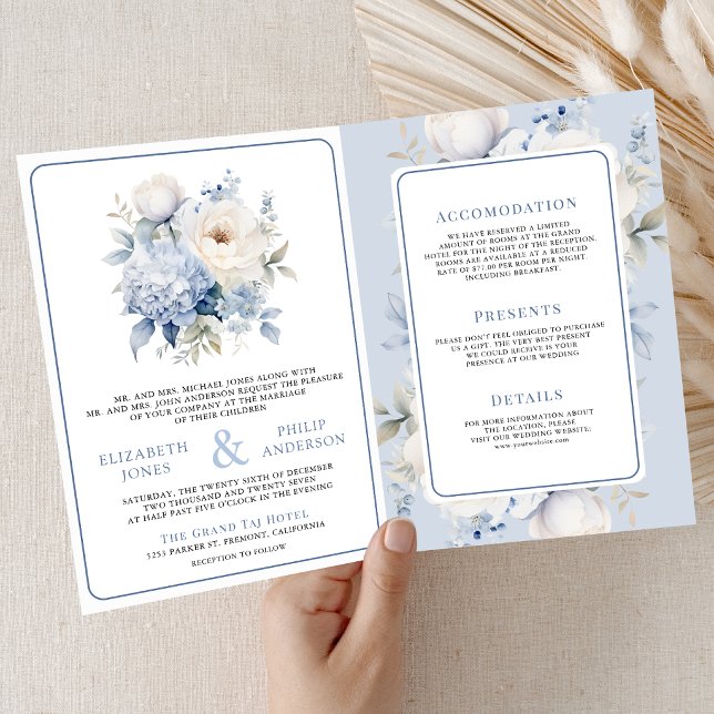 Invitación Dusty Blue and White Floral All in One Wedding (Subido por el creador)