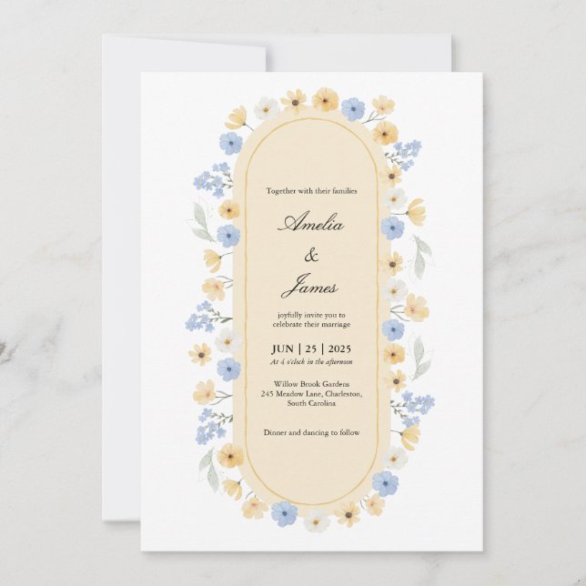 Invitación Dusty Blue and Yellow Wildflower Garden Wedding (Anverso)