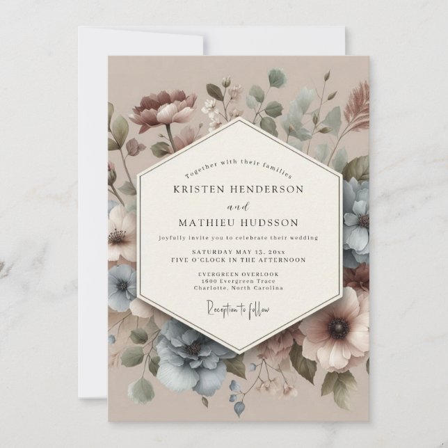 Invitación Dusty Blue Antique Floral Wedding (Anverso)