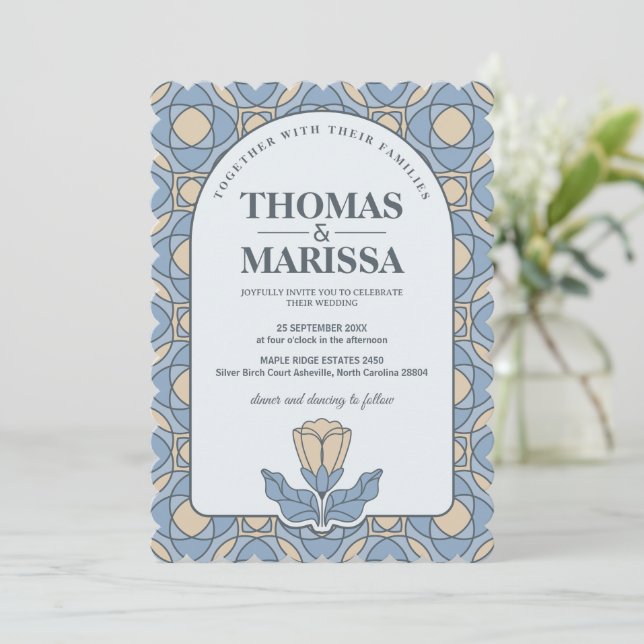 Invitación Dusty Blue Art Nouveau Wedding Invite with QR Code (Anverso de pie)