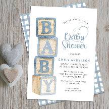 Dusty Blue Baby Blocks Baby Shower Cottage Gingham