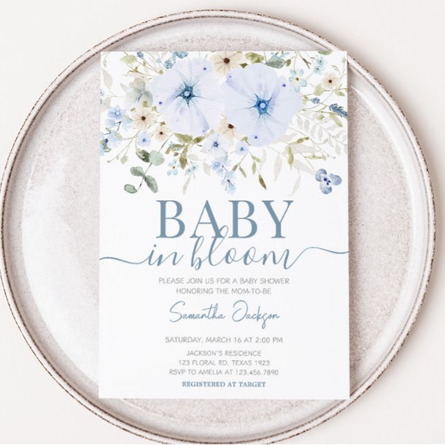 Invitación Dusty Blue Baby Bloom Baby Shower (Boy Spring Flowers Baby Shower Invitation)
