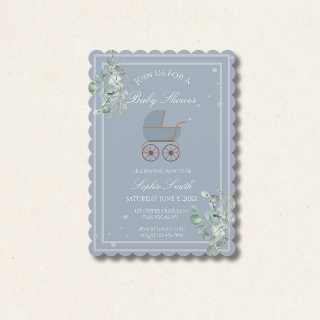 Invitación Dusty Blue Baby Carriage Baby Shower Scalloped (Subido por el creador)