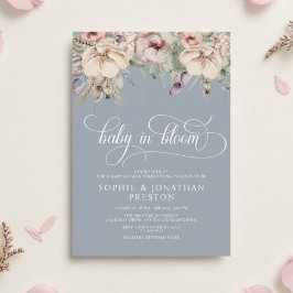 Invitación Dusty Blue Baby In Bloom QR Floral Baby Shower
