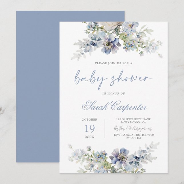 Invitación Dusty Blue Baby Shower Boy (Anverso / Reverso)