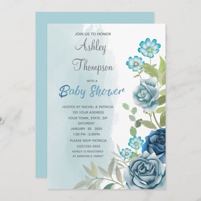 Invitación Dusty Blue Baby Shower Floral Watercolor (Anverso / Reverso)