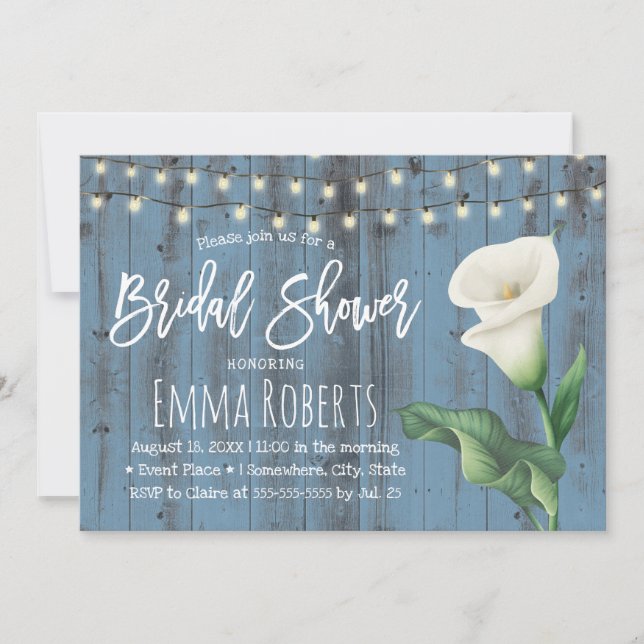 Invitación Dusty Blue Barn Wood Lily Flor Bridal Shower (Anverso)