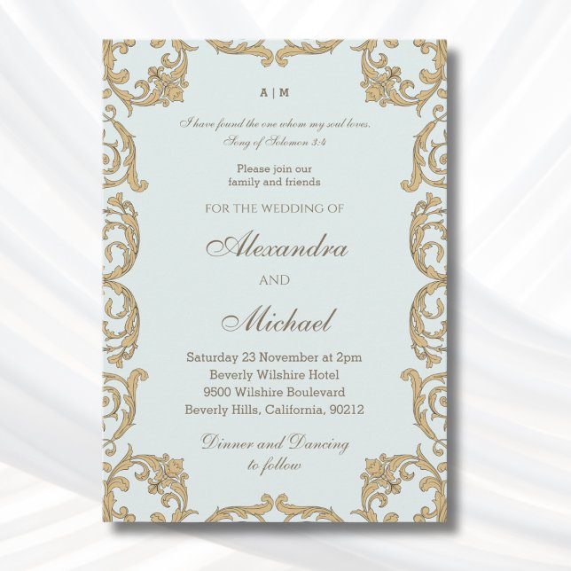 Invitación Dusty Blue Baroque Bible Verse Christian Wedding   (Subido por el creador)