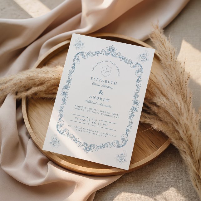 Invitación Dusty Blue Baroque Line Art Wedding (Subido por el creador)
