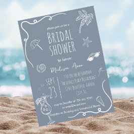 Invitación Dusty Blue Beach Doodles Bridal Shower