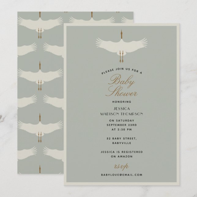 Invitación Dusty Blue Birds Swans Art Deco Baby Shower (Anverso / Reverso)