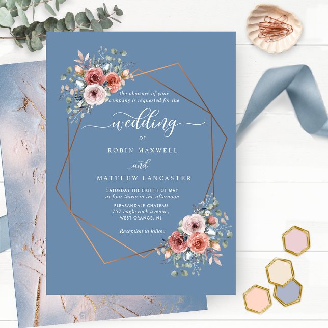 Invitación Dusty Blue Blissful Floral Boda Geométrico (Subido por el creador)