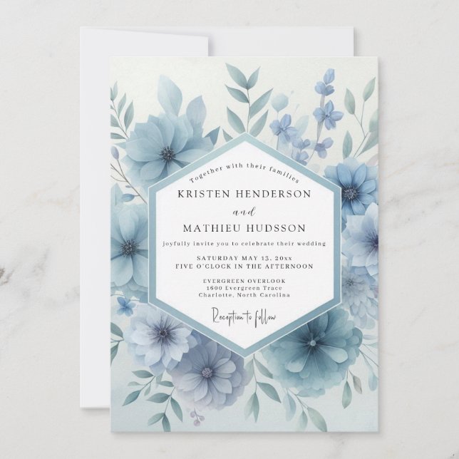 Invitación Dusty Blue Bloom Botanical Wedding (Anverso)