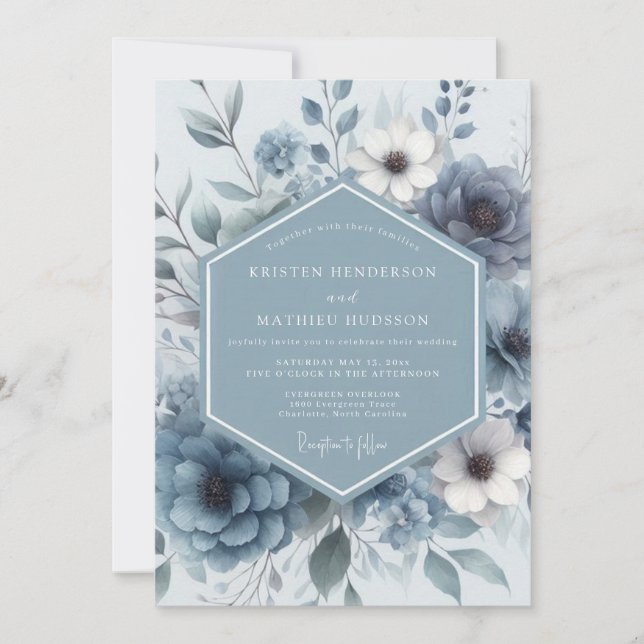 Invitación Dusty Blue Bloom Romance Wedding (Anverso)