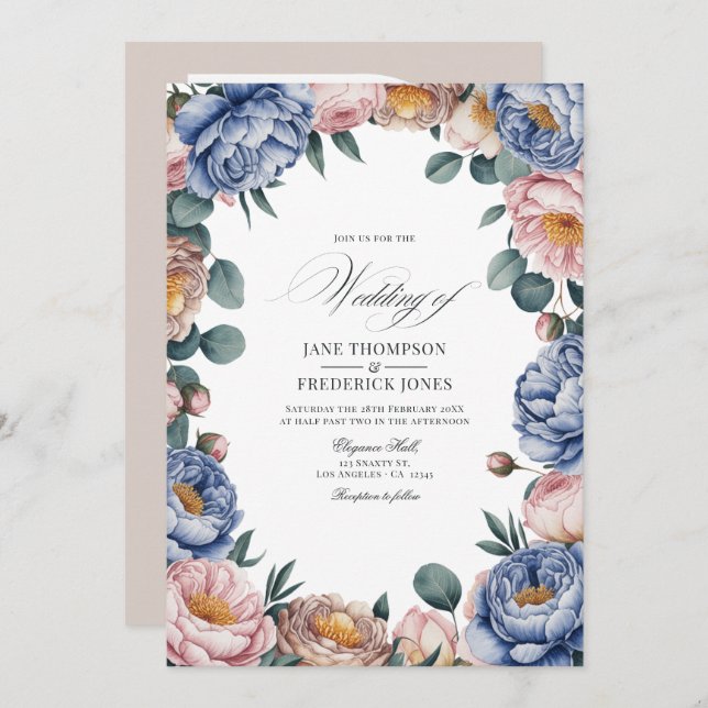 Invitación Dusty Blue, Blush, and Warm Taupe Floral Wedding (Anverso / Reverso)
