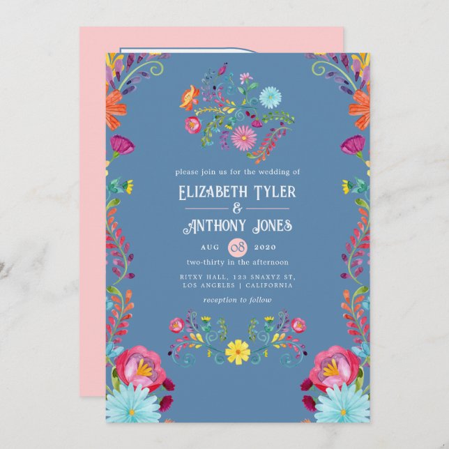 Invitación Dusty Blue & Blush Floral Mexican Fiesta Wedding (Anverso / Reverso)