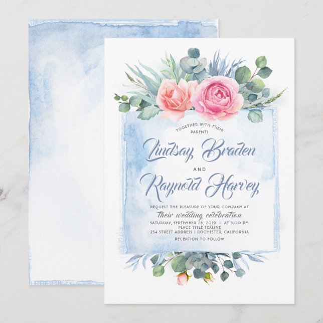 Invitación Dusty Blue Boda | Azul pizarra y rosa Rubor (Anverso / Reverso)
