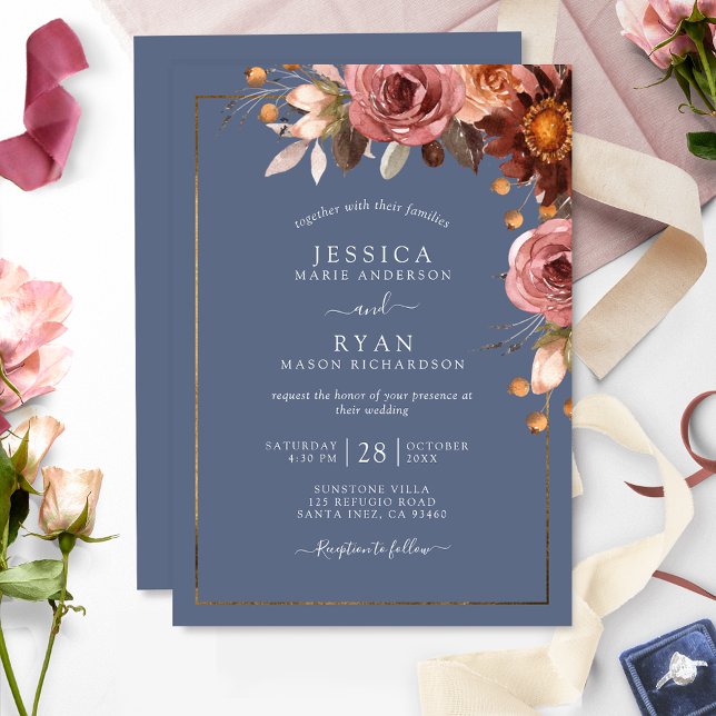 Invitación Dusty Blue, Boda floral de Rubor en Borgoña (Subido por el creador)