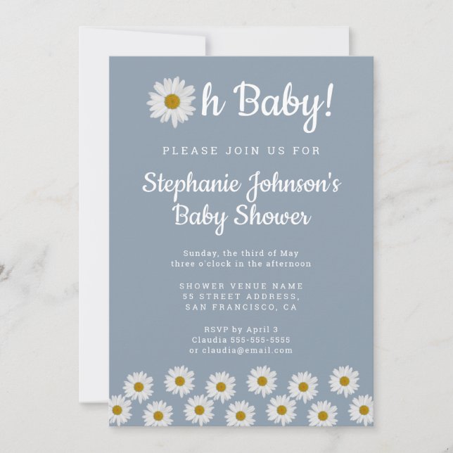 Invitación Dusty Blue Bohemie Daisies Oh Baby Baby Shower (Anverso)