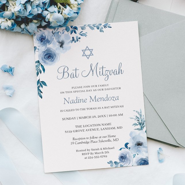 Invitación Dusty Blue Bohemira Floral Bat Mitzvah (Subido por el creador)