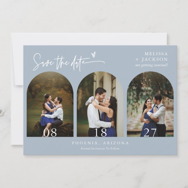 Invitación Dusty Blue Boho Arch Foto QR Código Guardar fecha (Anverso)