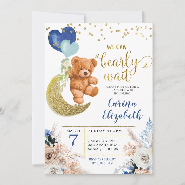 Invitación Dusty Blue Boho Floral Bearly Wait Baby Shower (Anverso)