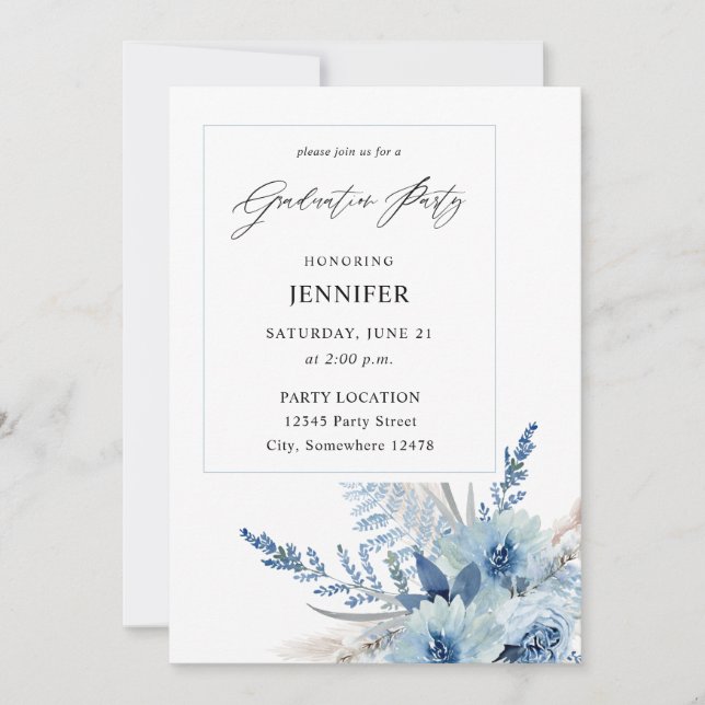Invitación Dusty Blue Boho Floral Graduation Party (Anverso)