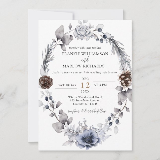 Invitación Dusty Blue Boho Floral Winter Wedding (Anverso)