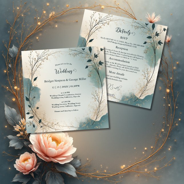 Invitación Dusty Blue Boho foliage wreath all in one wedding (Subido por el creador)