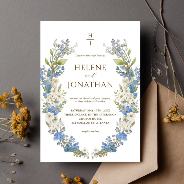 Invitación Dusty Blue Boho Garden Floral Elegante Boda (Dusty Blue Boho Garden Floral Elegant Wedding Invitation)