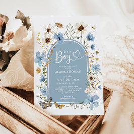 Invitación Dusty Blue Boho Wildflower Boy Baby Shower