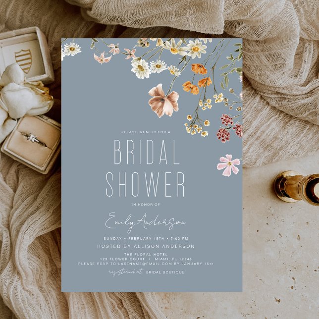Invitación Dusty Blue Boho Wildflower Bridal Shower Elegante (Subido por el creador)