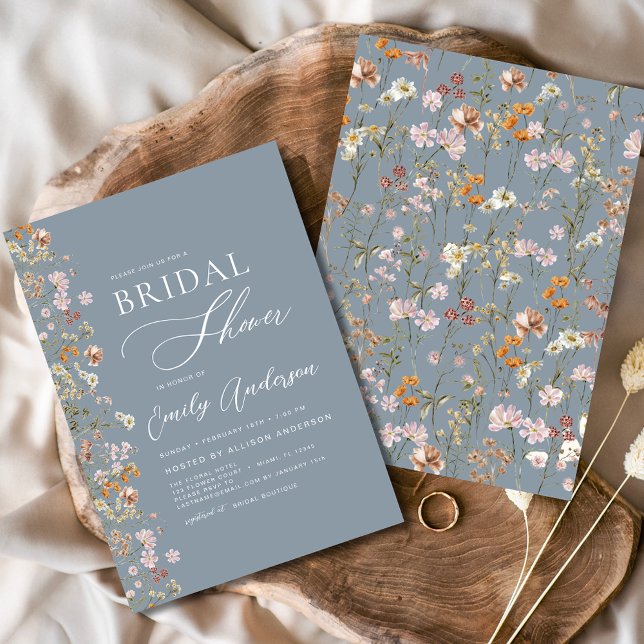 Invitación Dusty Blue Boho Wildflower Bridal Shower Elegante (Subido por el creador)