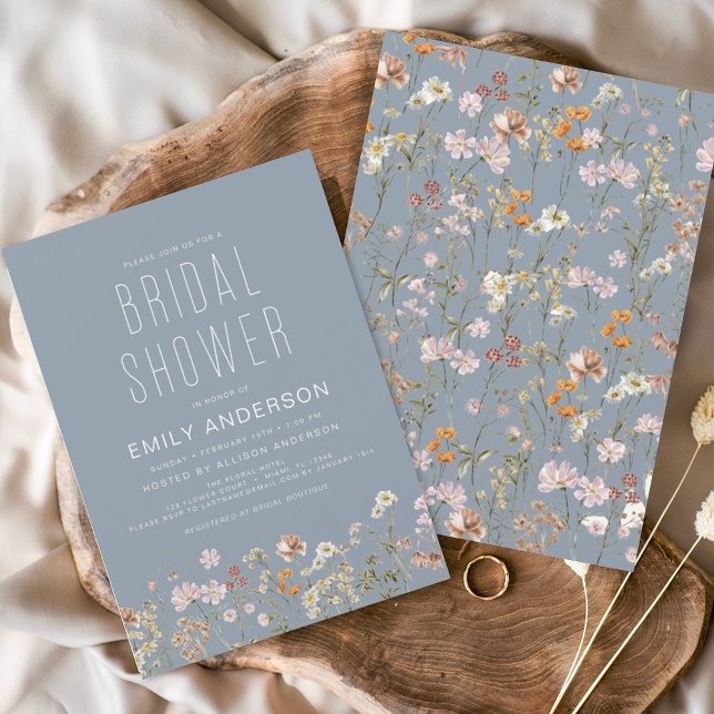 Invitación Dusty Blue Boho Wildflower Bridal Shower Elegante (Subido por el creador)