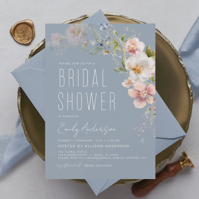 Invitación Dusty Blue Boho Wildflower Bridal Shower Elegante (Subido por el creador)
