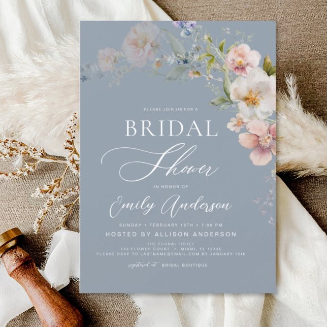 Invitación Dusty Blue Boho Wildflower Bridal Shower Elegante (Subido por el creador)