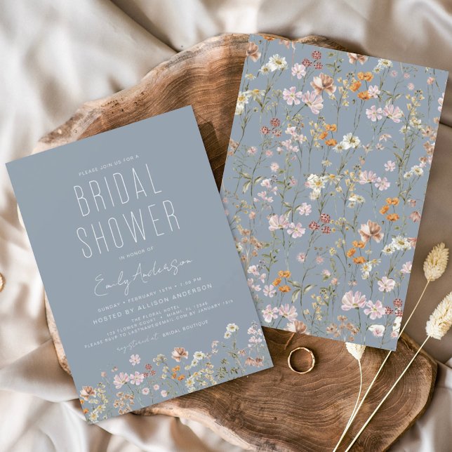 Invitación Dusty Blue Boho Wildflower Bridal Shower Elegante (Subido por el creador)