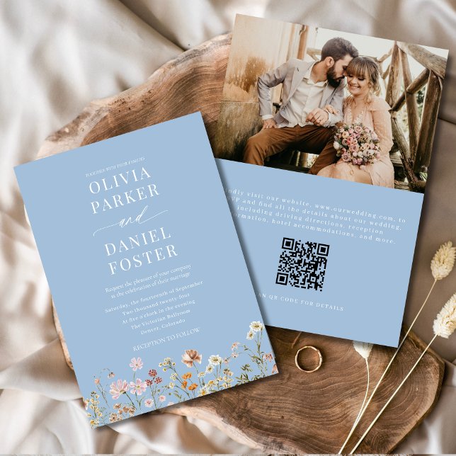 Invitación Dusty Blue Boho Wildflower Código QR Foto Boda (Subido por el creador)