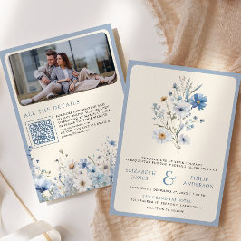 Invitación Dusty Blue Boho Wildflower Foto Boda de código QR