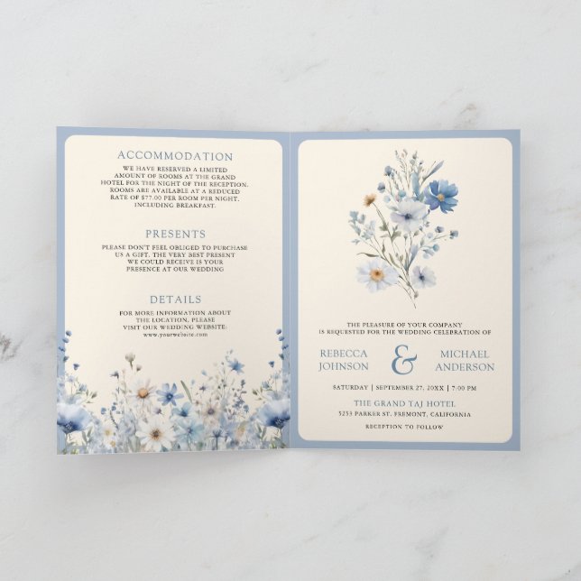 Invitación Dusty Blue Boho Wildflower QR Code Wedding (Interior)