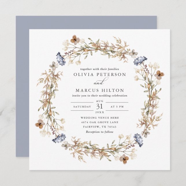 Invitación Dusty Blue Boho Wildflower Wedting (Anverso / Reverso)
