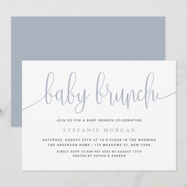 Invitación Dusty Blue Bonito Calligraphy Baby Brunch (Anverso / Reverso)
